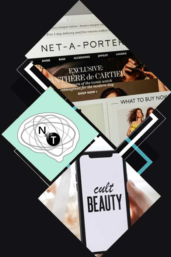 A collage showing the Neurotribes logo, Cult Beauty logo, and Net-A-Porter fashion eCommerce website